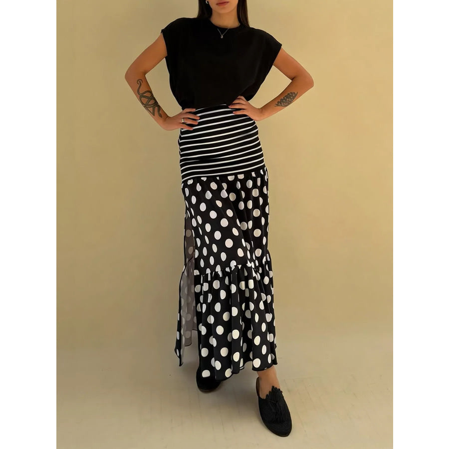 Polka Dot Striped Slit Maxi Skirt Apparel and Accessories