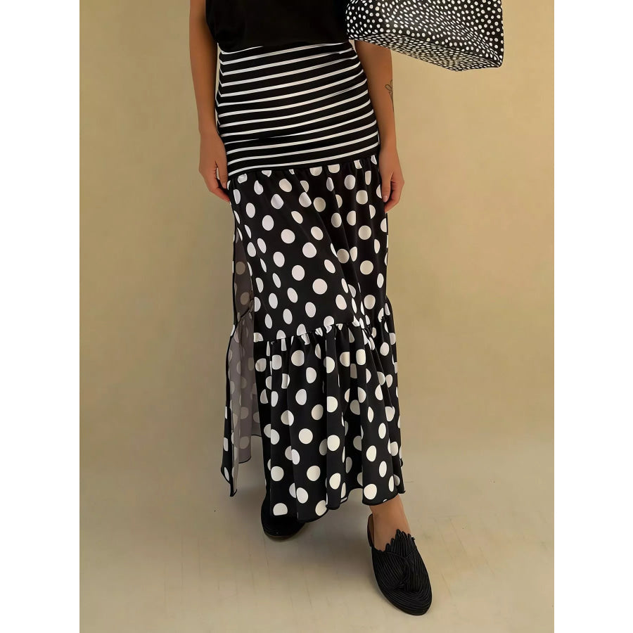 Polka Dot Striped Slit Maxi Skirt Apparel and Accessories