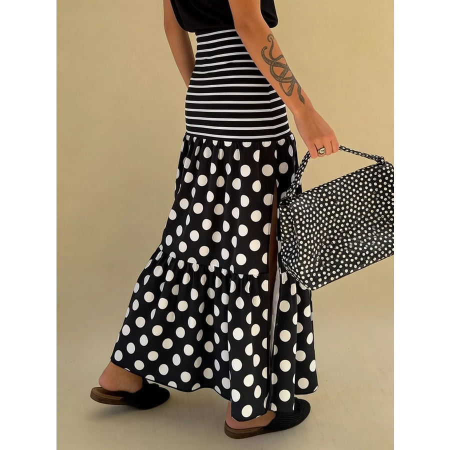 Polka Dot Striped Slit Maxi Skirt Black / S Apparel and Accessories