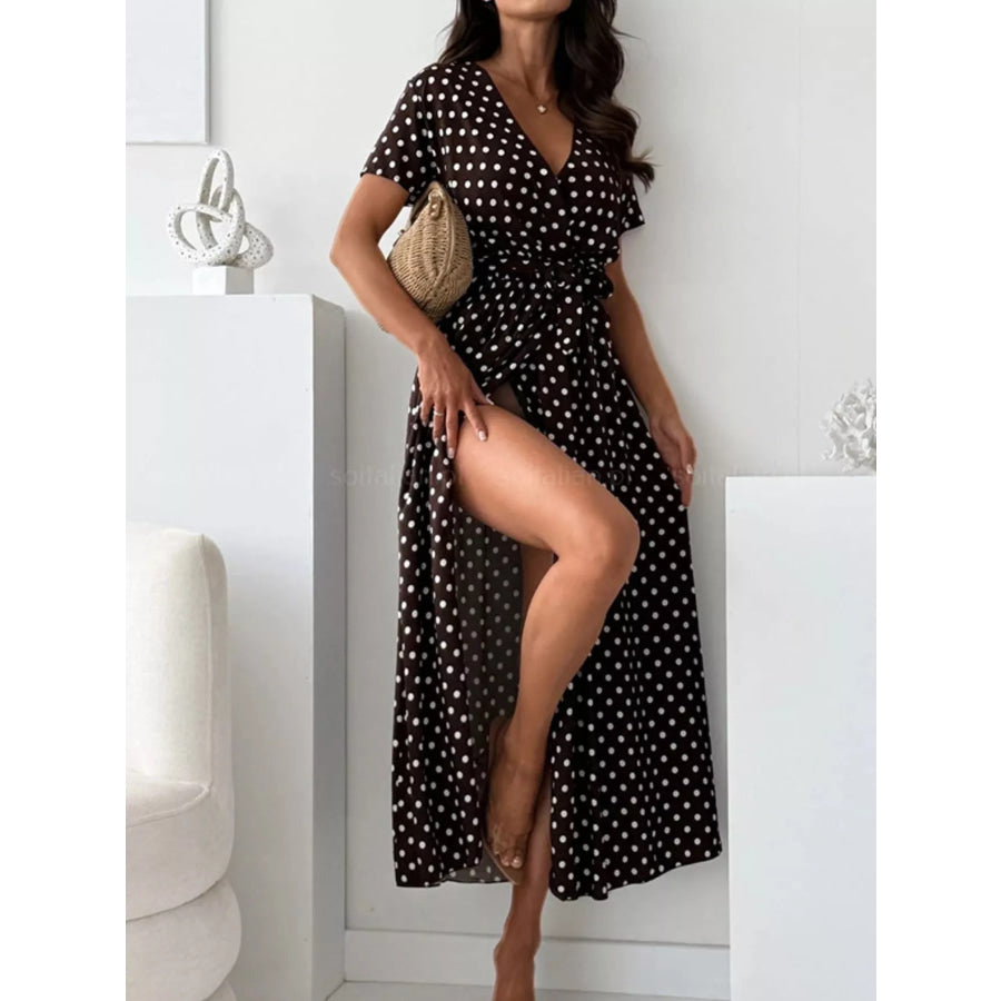 Polka Dot Surplice Maxi Dress with Slit Apparel and Accessories