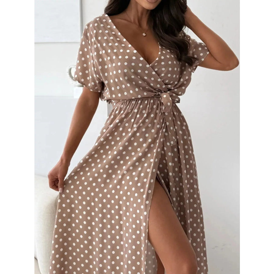 Polka Dot Surplice Maxi Dress with Slit Apparel and Accessories