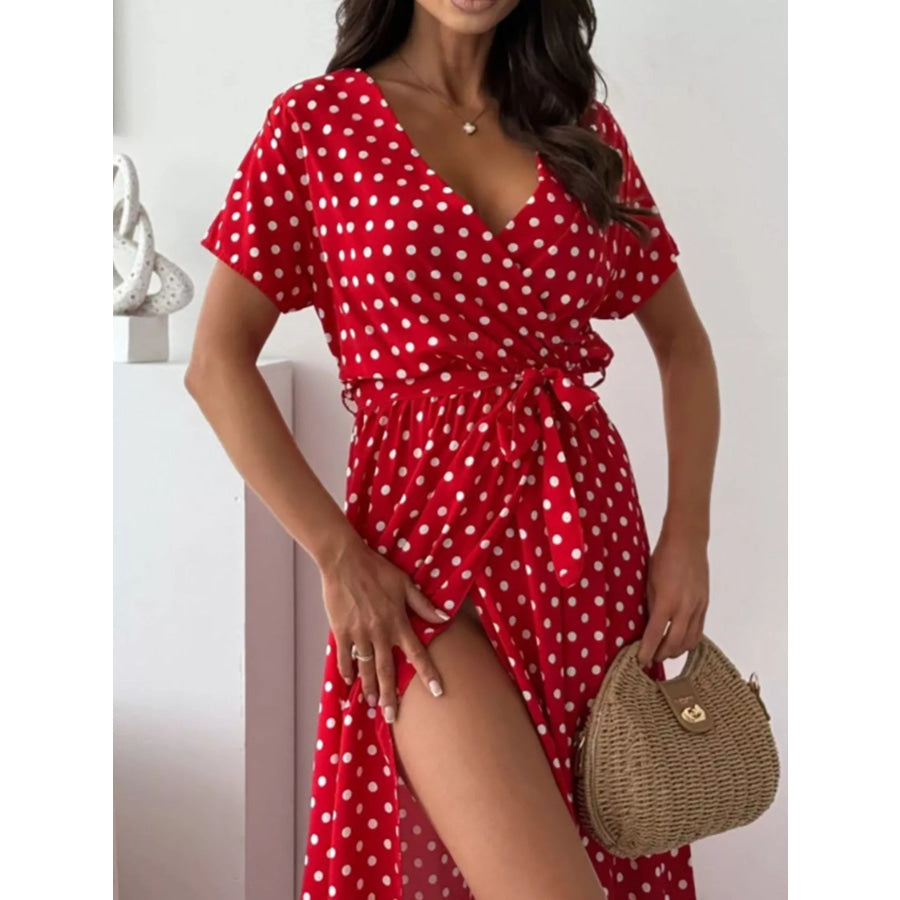 Polka Dot Surplice Maxi Dress with Slit Apparel and Accessories