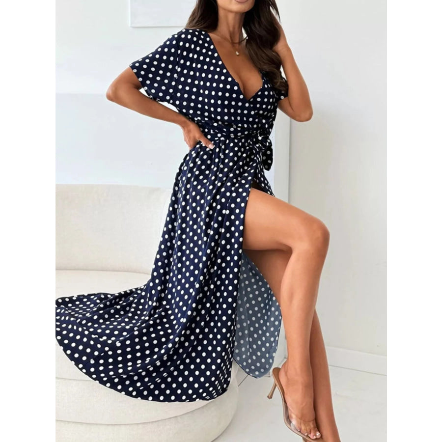 Polka Dot Surplice Maxi Dress with Slit Apparel and Accessories
