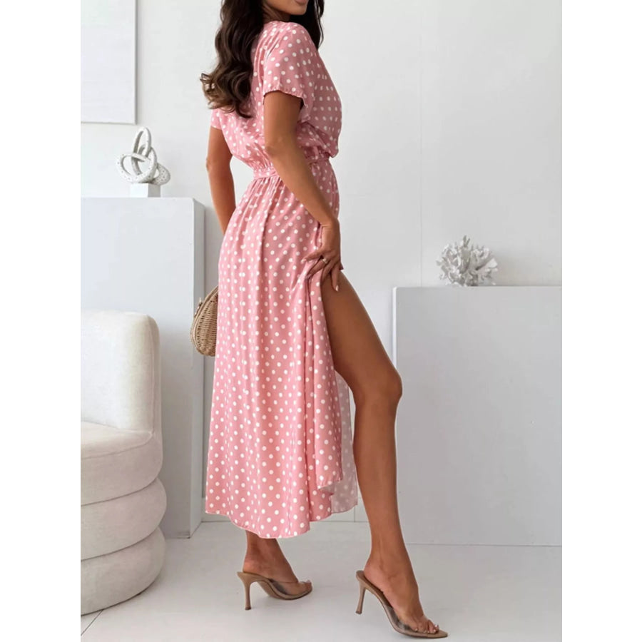 Polka Dot Surplice Maxi Dress with Slit Apparel and Accessories
