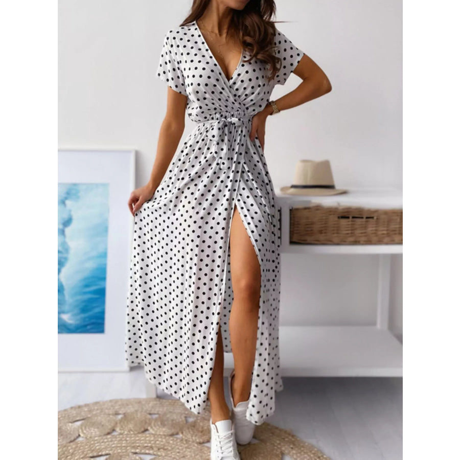 Polka Dot Surplice Maxi Dress with Slit Apparel and Accessories