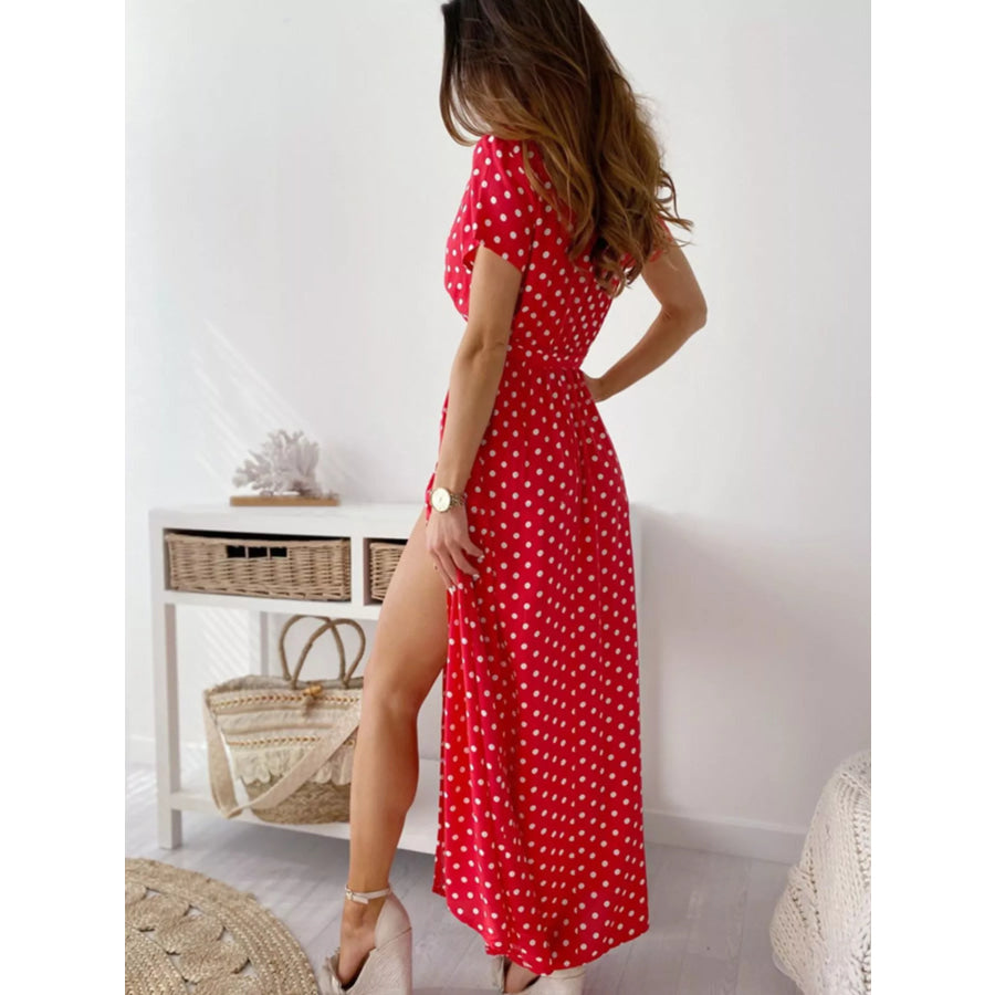 Polka Dot Surplice Maxi Dress with Slit Apparel and Accessories