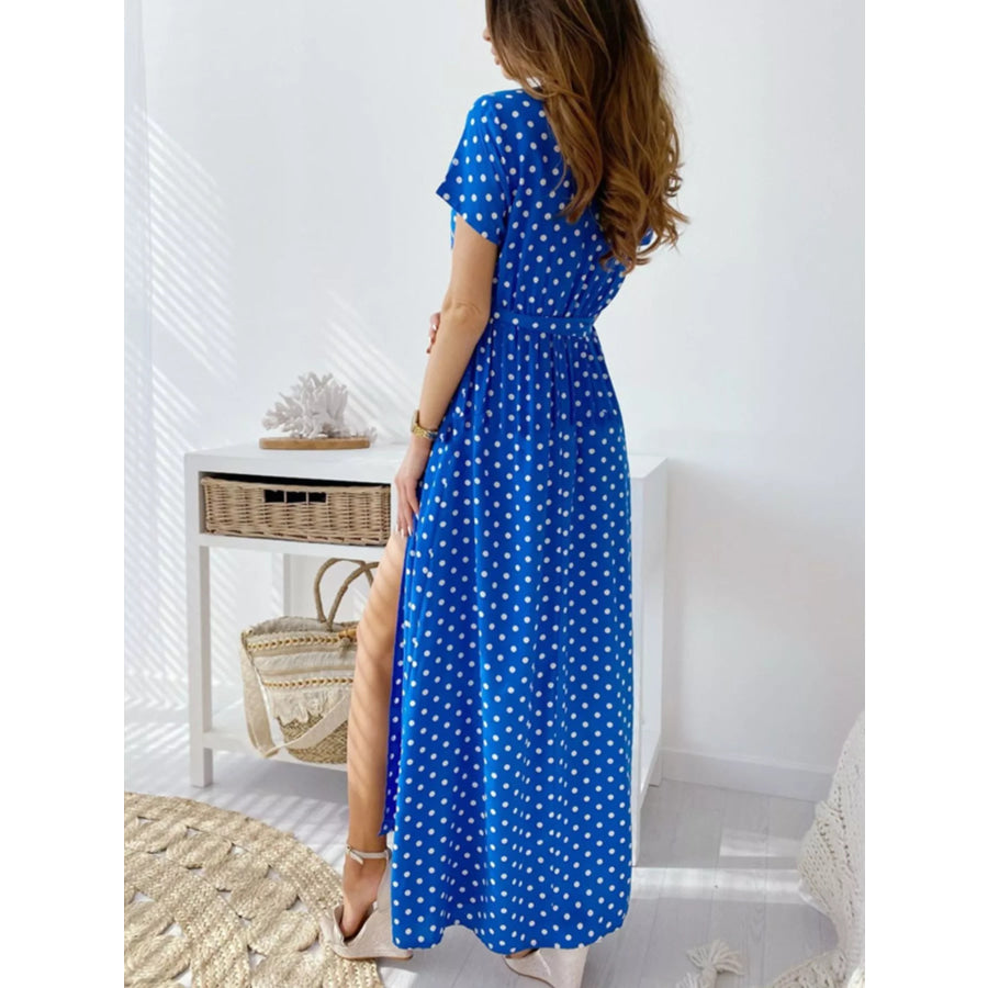 Polka Dot Surplice Maxi Dress with Slit Apparel and Accessories