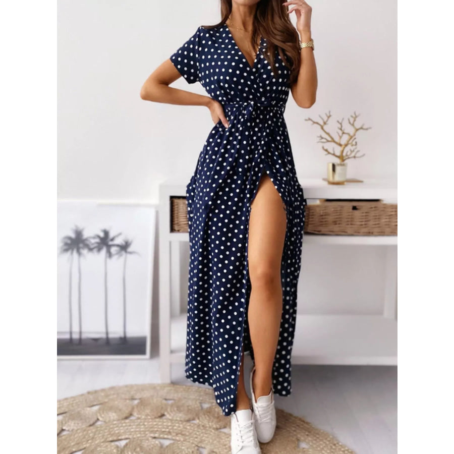Polka Dot Surplice Maxi Dress with Slit Apparel and Accessories