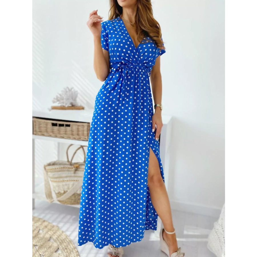 Polka Dot Surplice Maxi Dress with Slit Apparel and Accessories