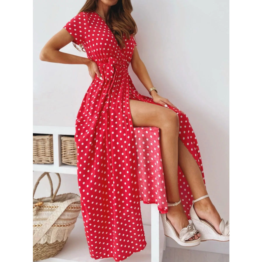 Polka Dot Surplice Maxi Dress with Slit Apparel and Accessories