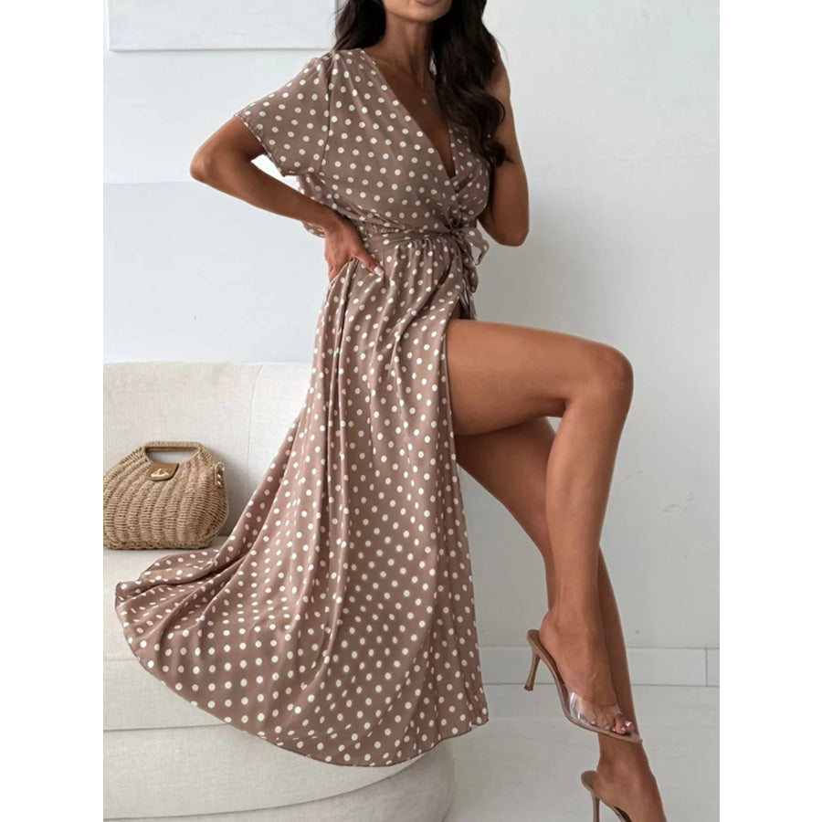 Polka Dot Surplice Maxi Dress with Slit Apparel and Accessories