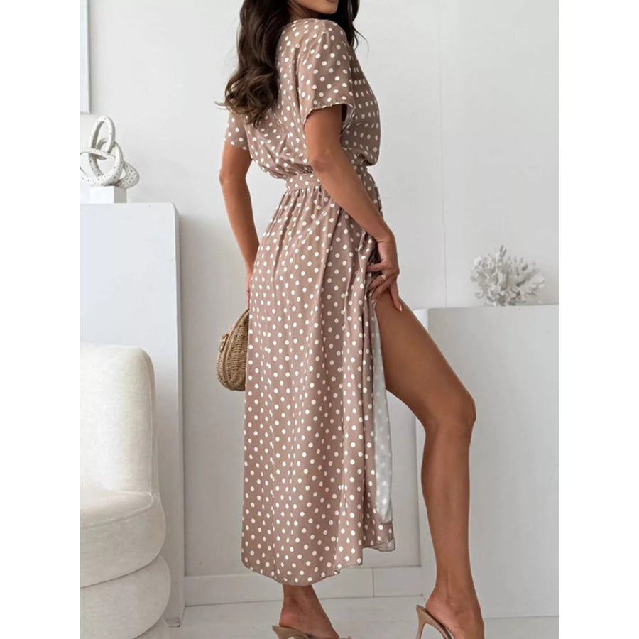 Polka Dot Surplice Maxi Dress with Slit Apparel and Accessories