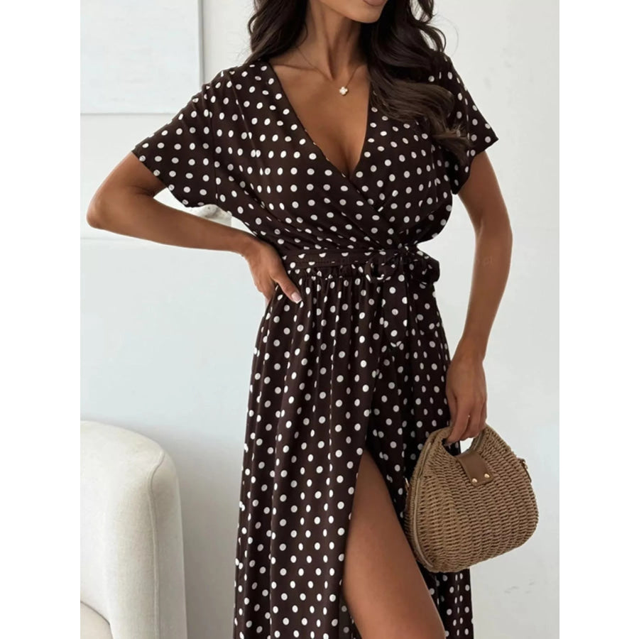 Polka Dot Surplice Maxi Dress with Slit Apparel and Accessories
