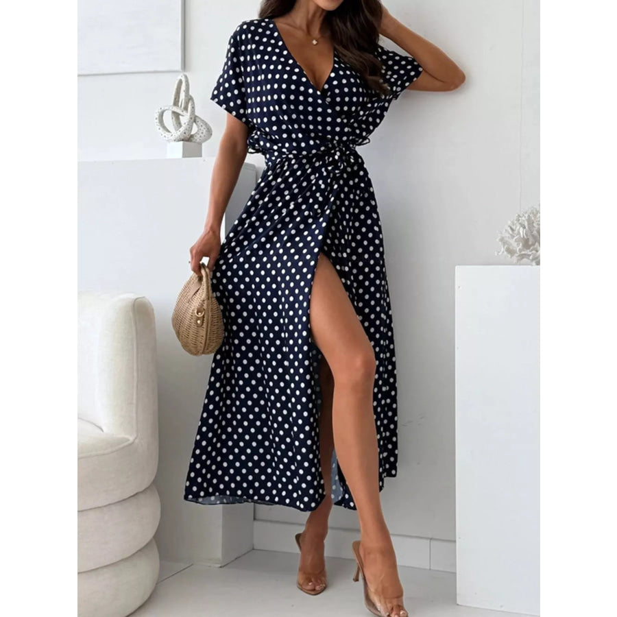 Polka Dot Surplice Maxi Dress with Slit Black / S Apparel and Accessories
