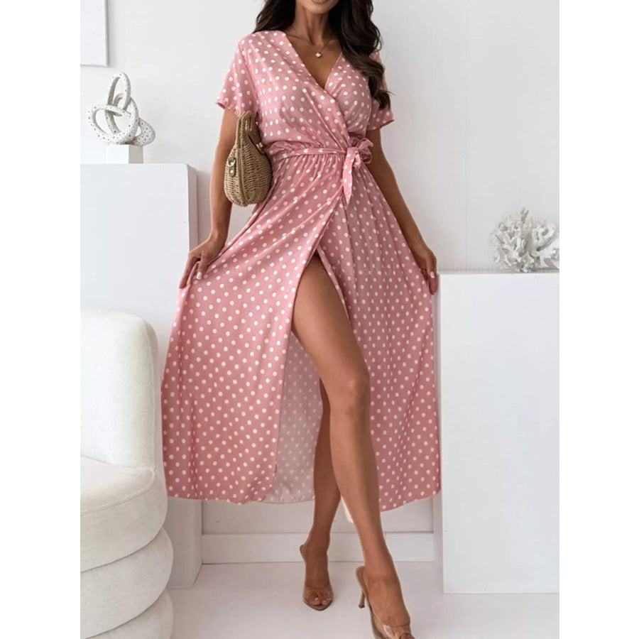 Polka Dot Surplice Maxi Dress with Slit Dusty Pink / S Apparel and Accessories