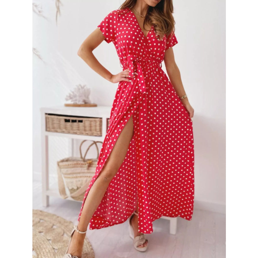 Polka Dot Surplice Maxi Dress with Slit Red / S Apparel and Accessories