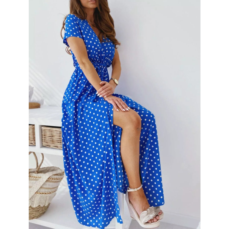 Polka Dot Surplice Maxi Dress with Slit Royal Blue / S Apparel and Accessories