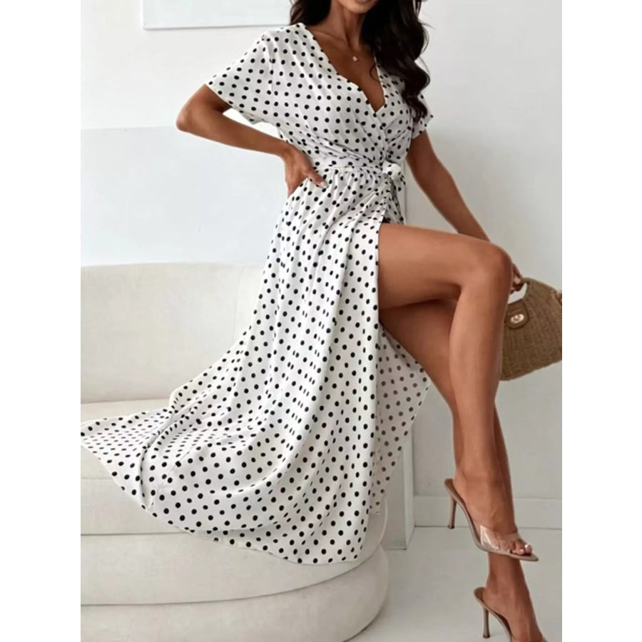 Polka Dot Surplice Maxi Dress with Slit White / S Apparel and Accessories