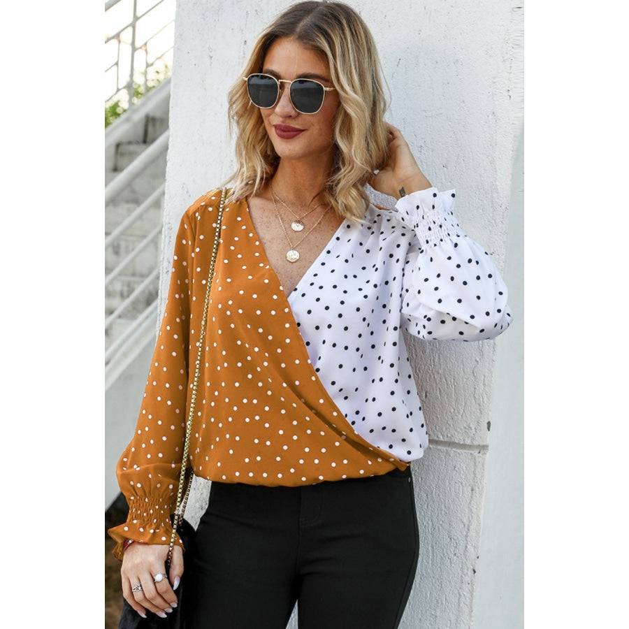 Polka Dot Surplice Neck Lantern Sleeve Blouse Tangerine / S