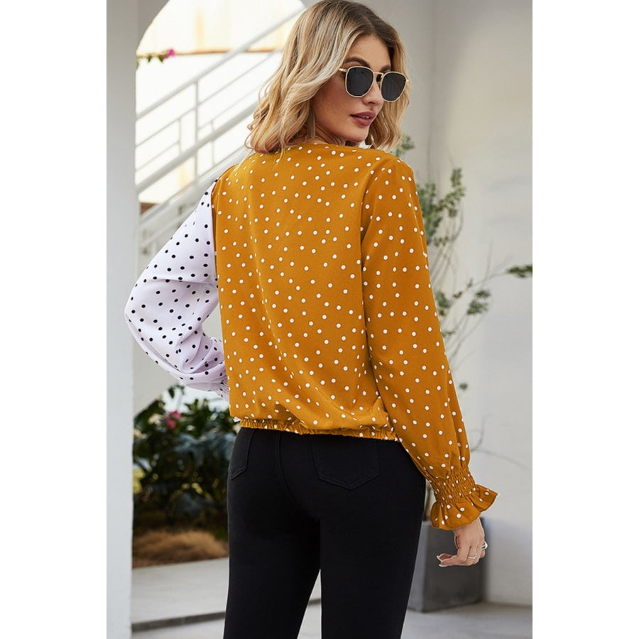 Polka Dot Surplice Neck Lantern Sleeve Blouse