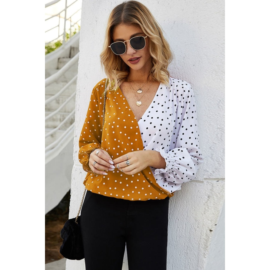 Polka Dot Surplice Neck Lantern Sleeve Blouse