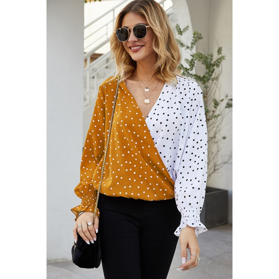 Polka Dot Surplice Neck Lantern Sleeve Blouse