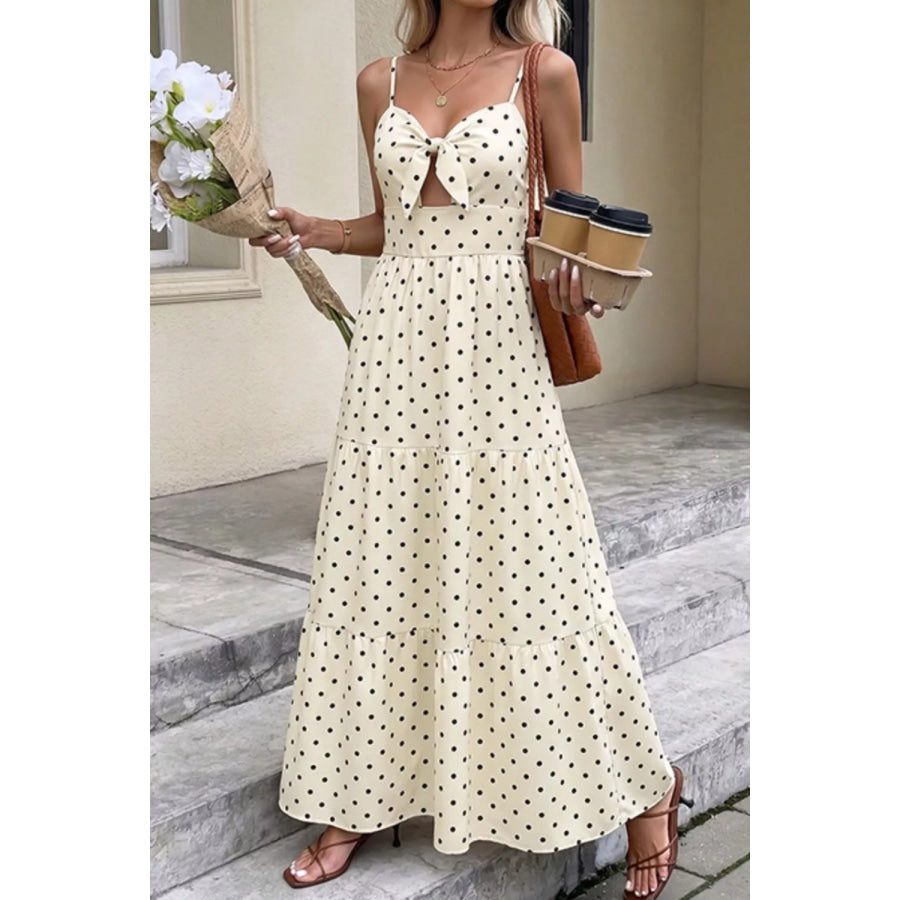 Polka Dot Tie-Front Cutout Maxi Dress Cream / S Apparel and Accessories