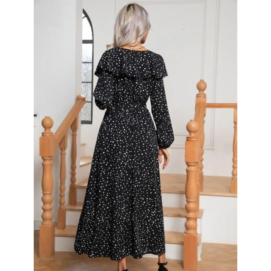 Polka Dot Tie Front Long Sleeve Slit Dress Black / S Clothing