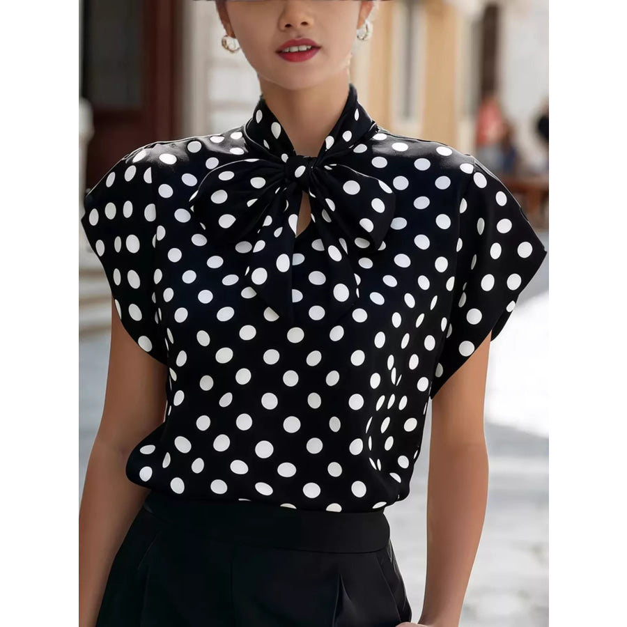 Polka Dot Tie Neck Blouse Black / S Apparel and Accessories