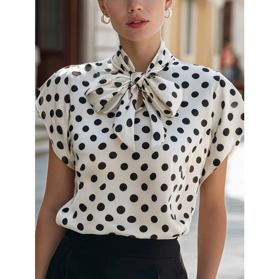 Polka Dot Tie Neck Blouse White / S Apparel and Accessories