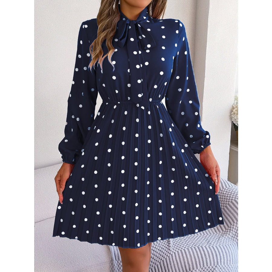 Polka Dot Tie Neck Pleated Dress Apparel and Accessories