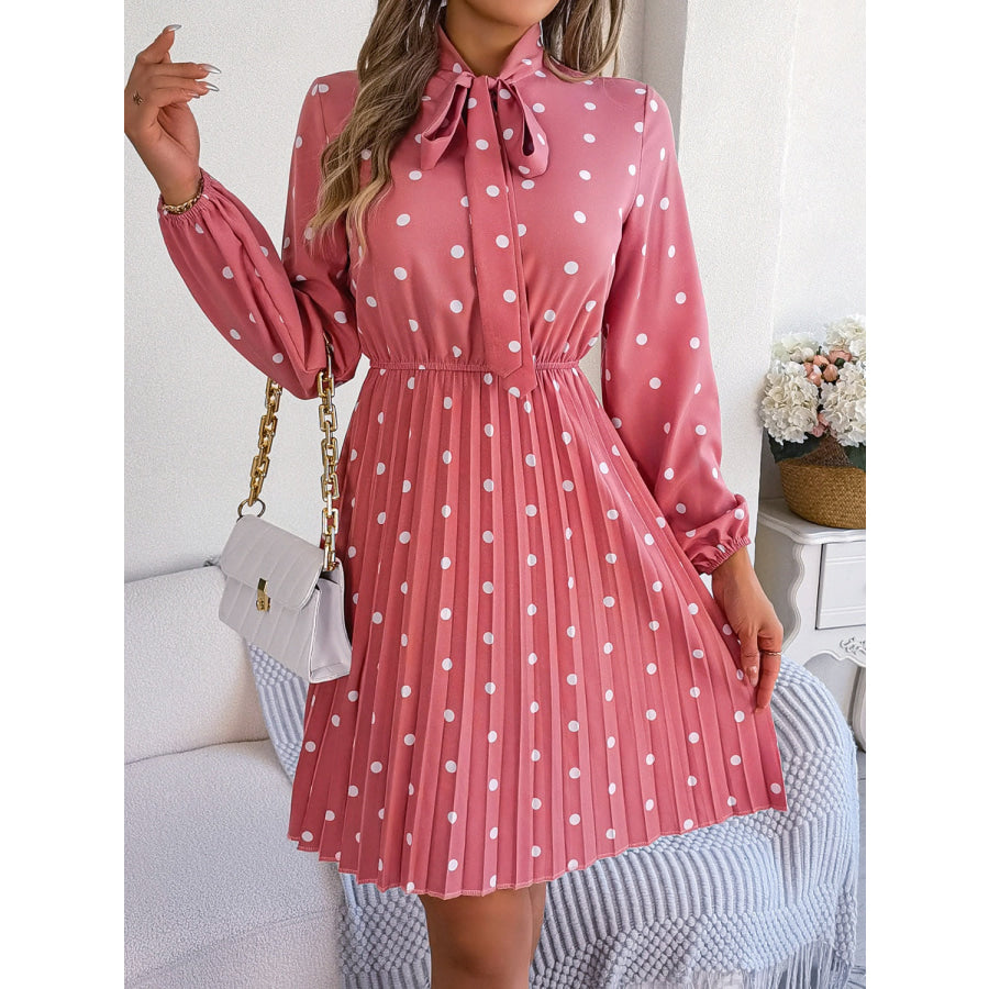 Polka Dot Tie Neck Pleated Dress Apparel and Accessories