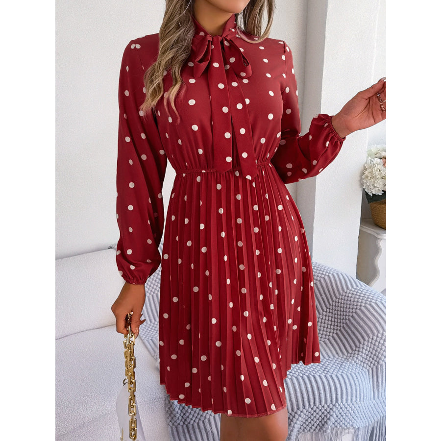 Polka Dot Tie Neck Pleated Dress Apparel and Accessories