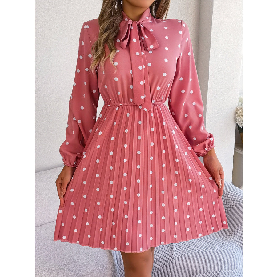 Polka Dot Tie Neck Pleated Dress Apparel and Accessories