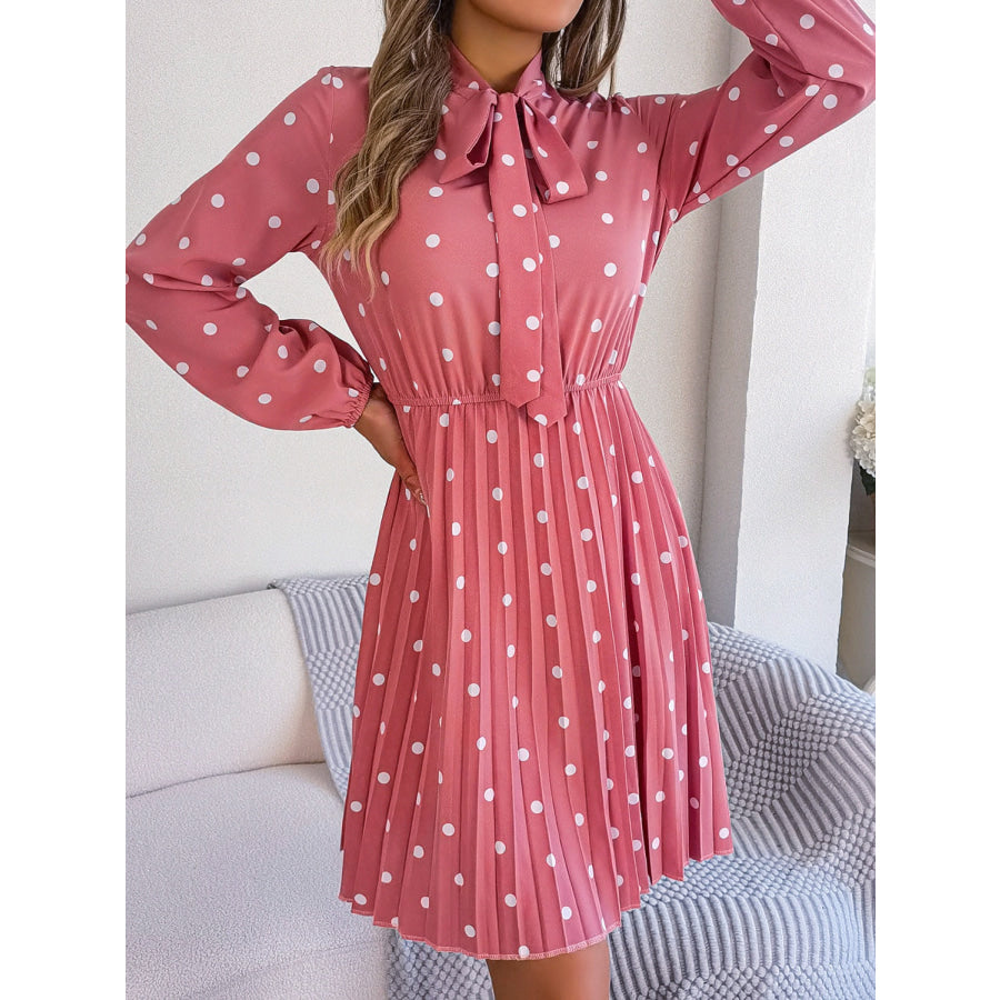 Polka Dot Tie Neck Pleated Dress Apparel and Accessories