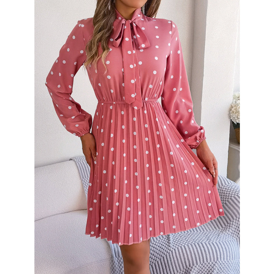 Polka Dot Tie Neck Pleated Dress Apparel and Accessories