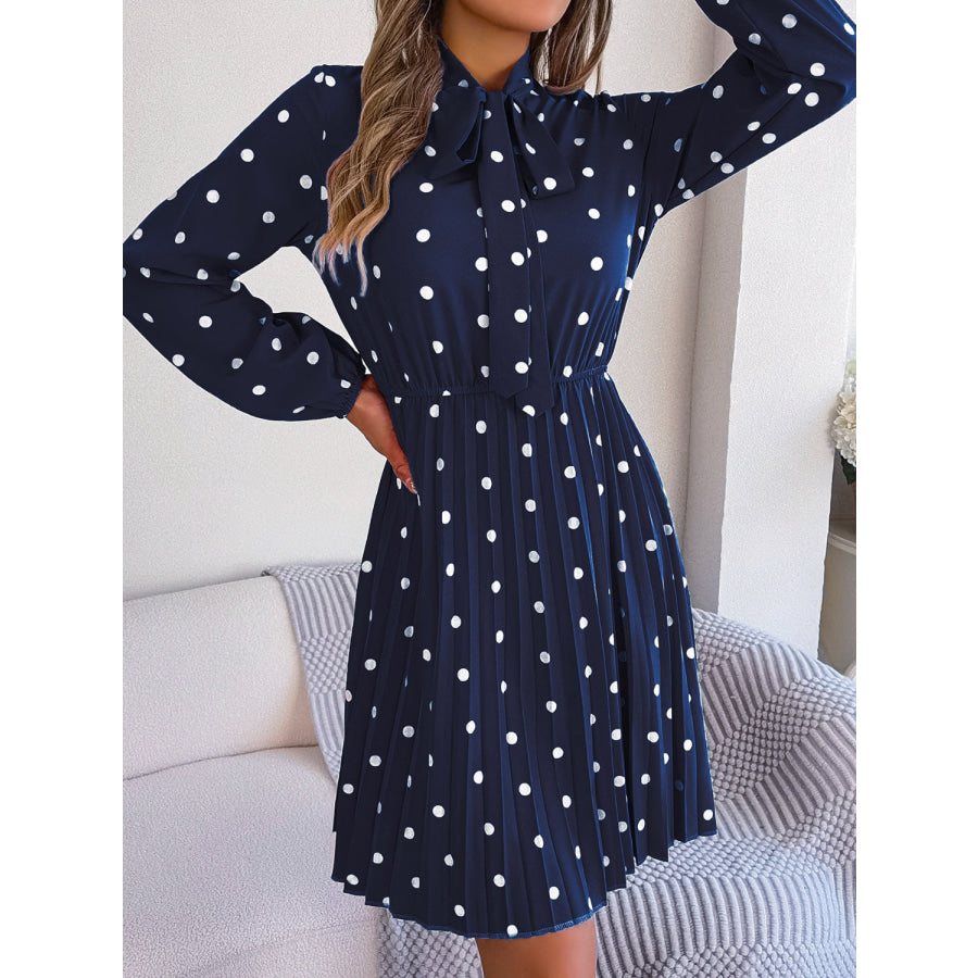 Polka Dot Tie Neck Pleated Dress Apparel and Accessories