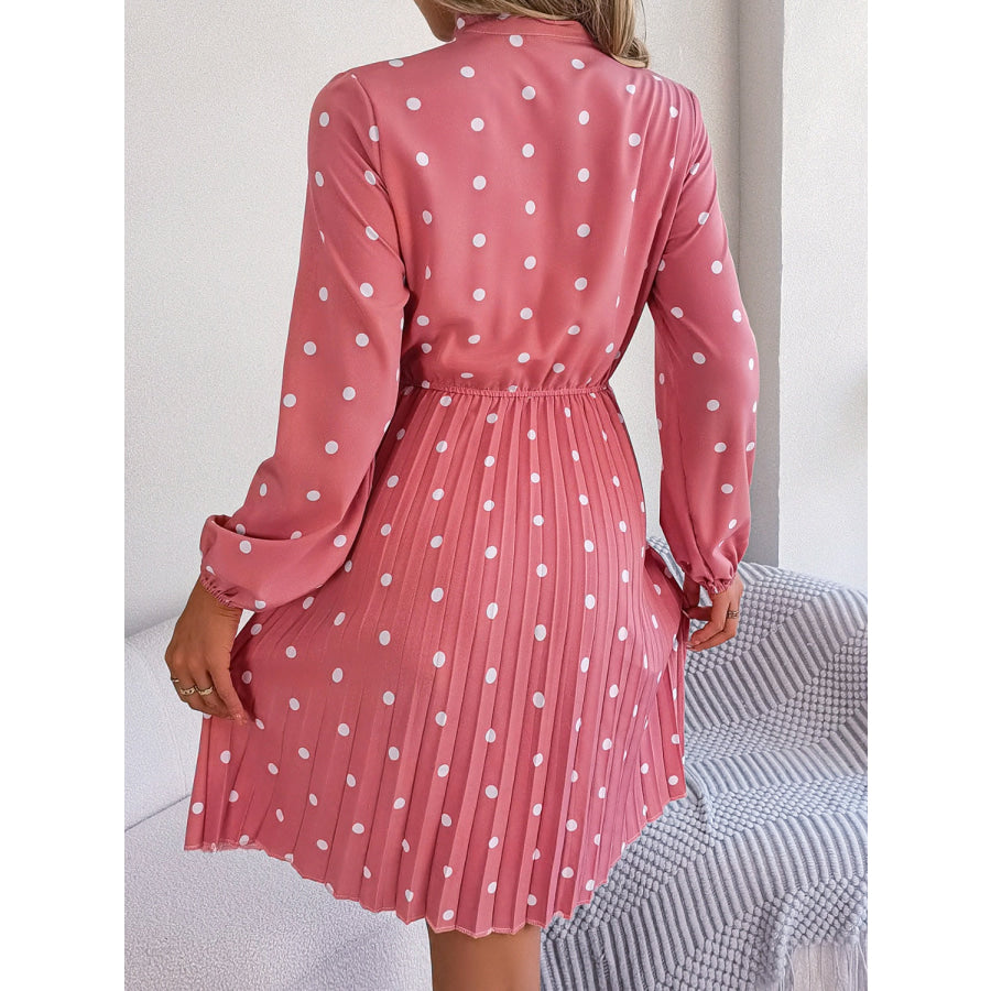 Polka Dot Tie Neck Pleated Dress Apparel and Accessories