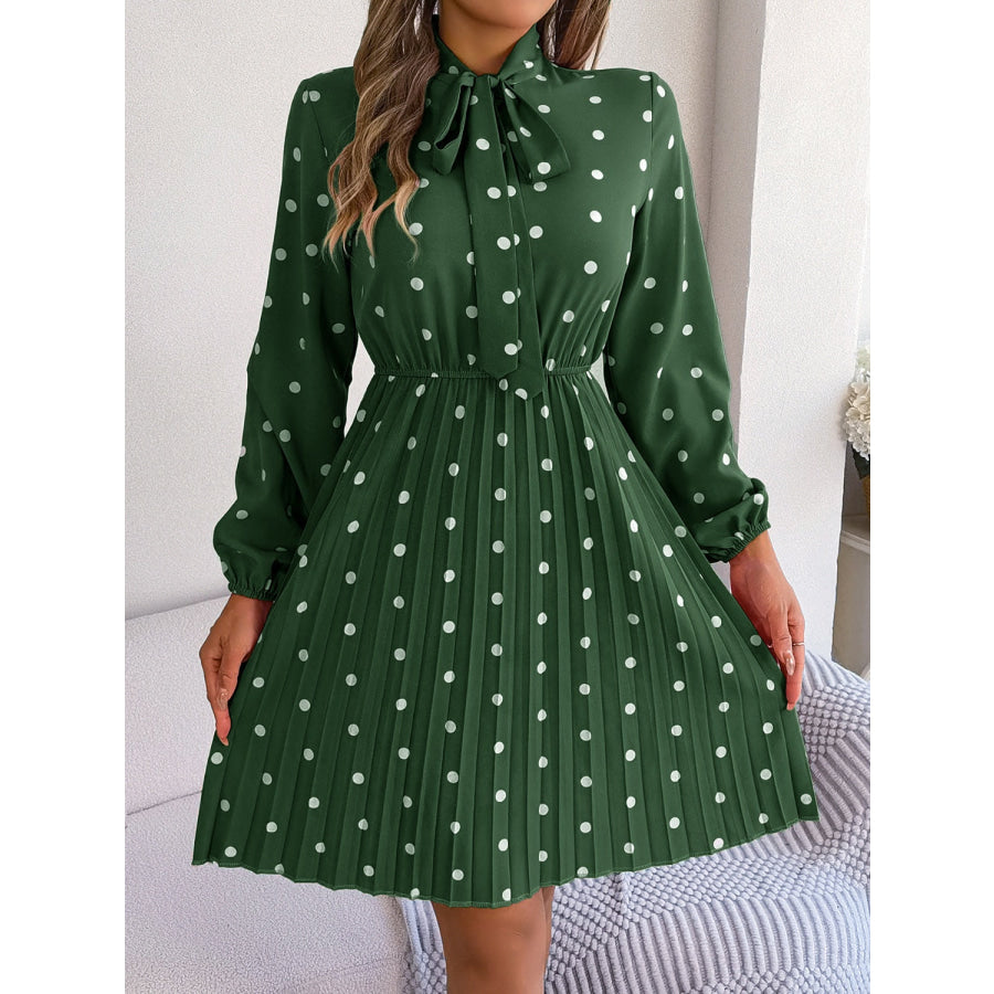 Polka Dot Tie Neck Pleated Dress Apparel and Accessories