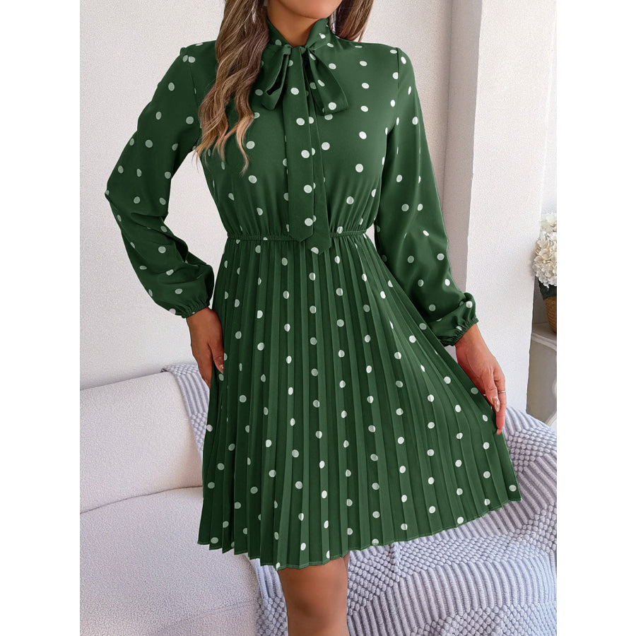 Polka Dot Tie Neck Pleated Dress Apparel and Accessories