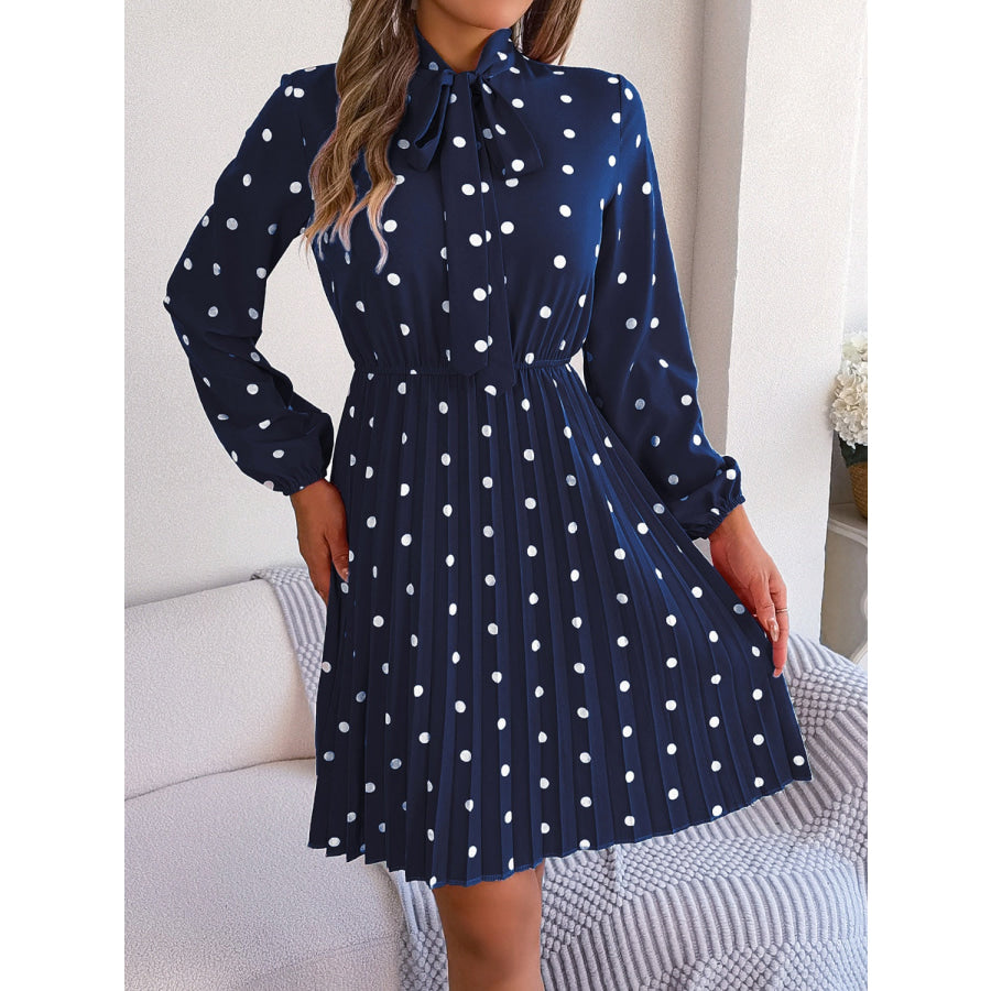 Polka Dot Tie Neck Pleated Dress Apparel and Accessories