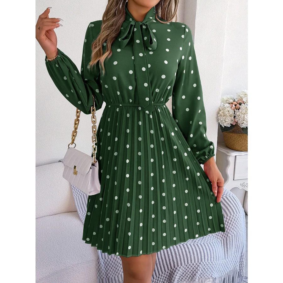 Polka Dot Tie Neck Pleated Dress Apparel and Accessories