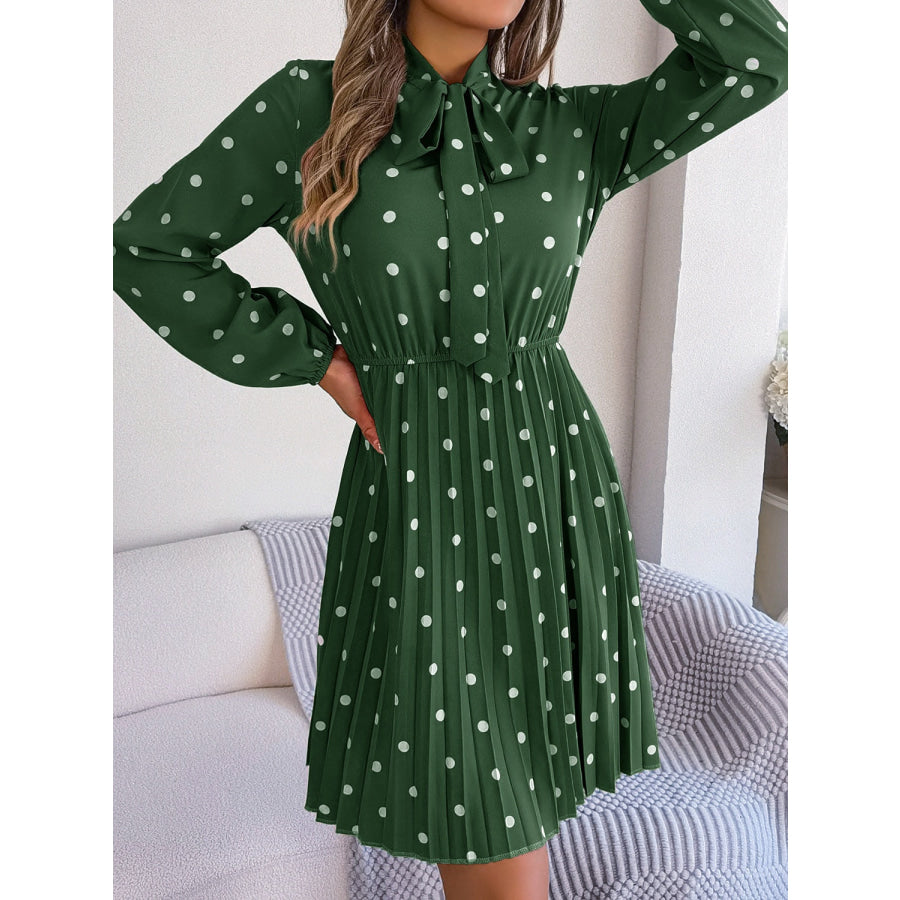 Polka Dot Tie Neck Pleated Dress Apparel and Accessories