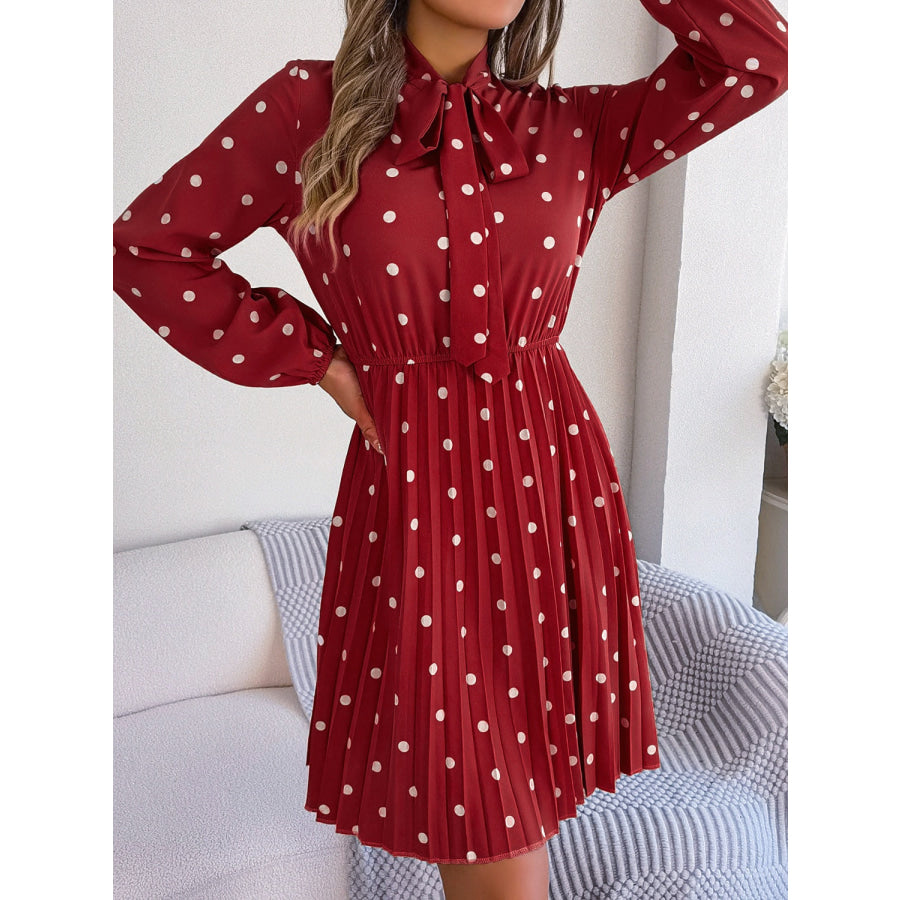 Polka Dot Tie Neck Pleated Dress Apparel and Accessories