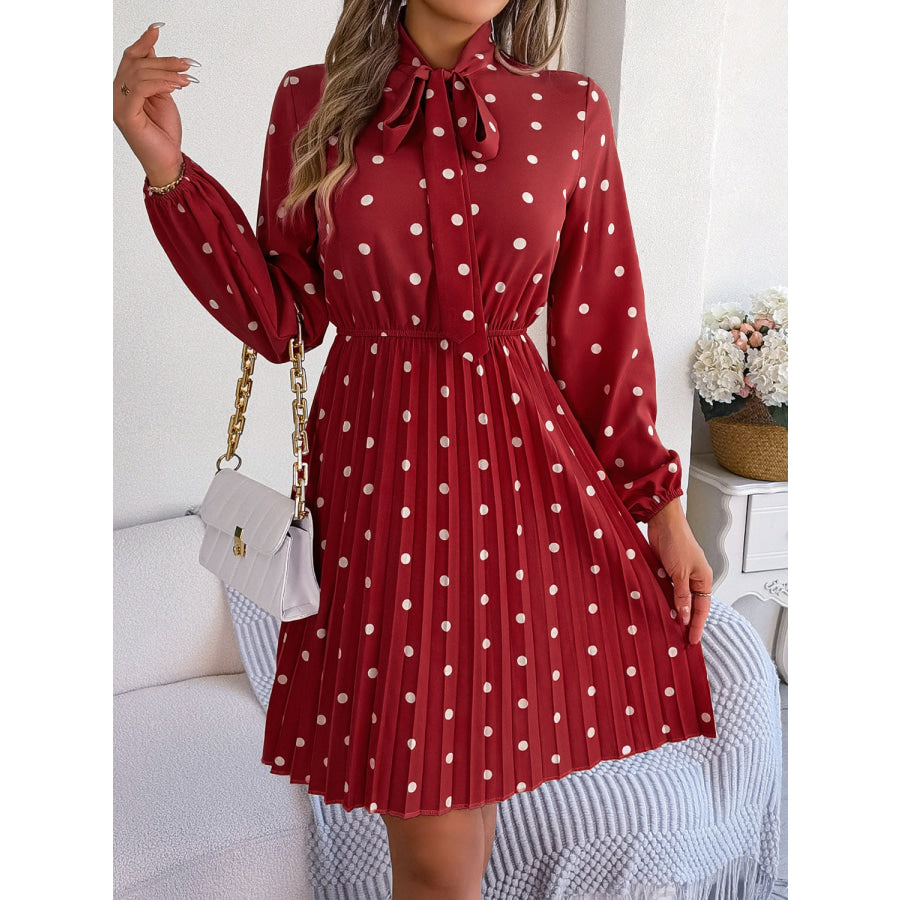 Polka Dot Tie Neck Pleated Dress Apparel and Accessories