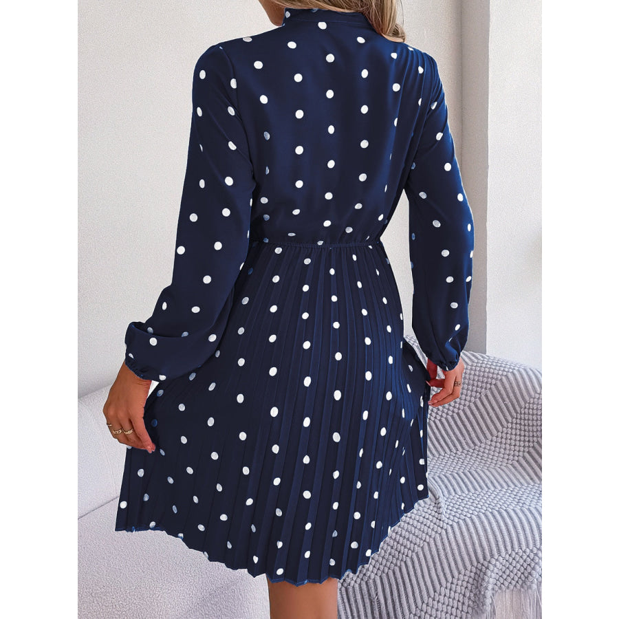 Polka Dot Tie Neck Pleated Dress Apparel and Accessories