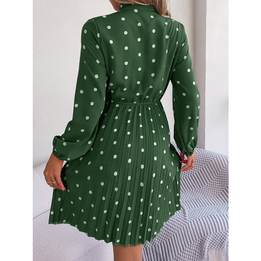 Polka Dot Tie Neck Pleated Dress Apparel and Accessories