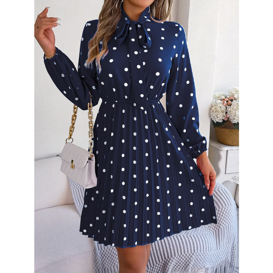 Polka Dot Tie Neck Pleated Dress Apparel and Accessories