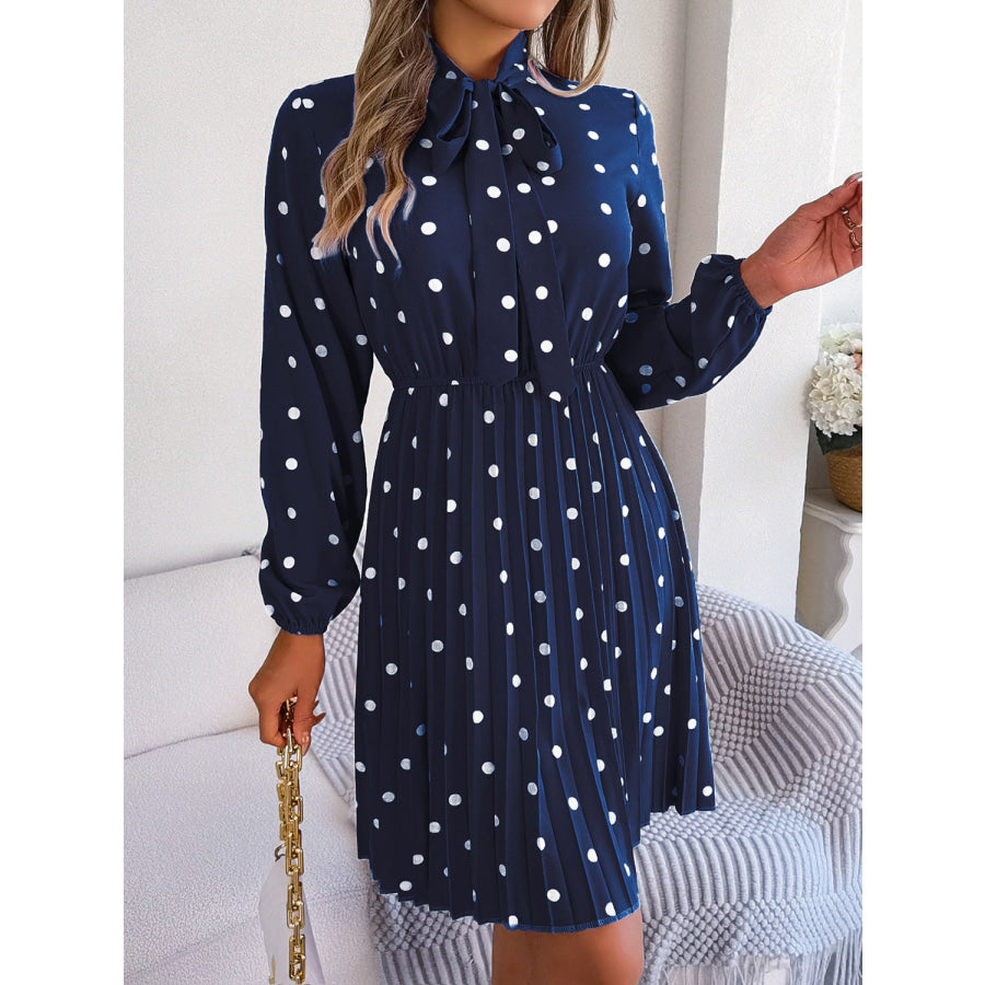 Polka Dot Tie Neck Pleated Dress Dark Navy / S Apparel and Accessories