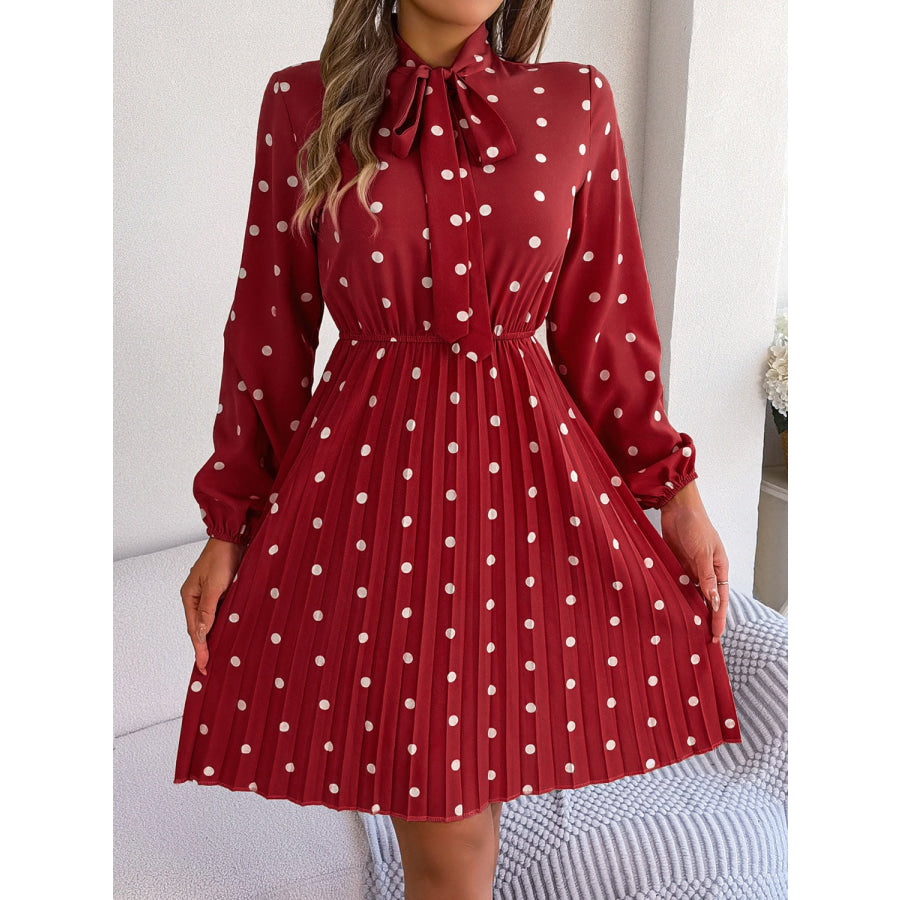 Polka Dot Tie Neck Pleated Dress Deep Red / S Apparel and Accessories